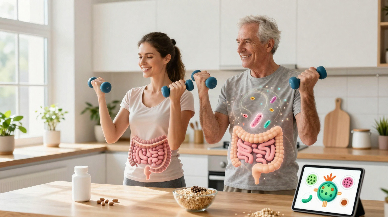 Young woman and older man lifting dumbbells with animated digestive systems and gut bacteria illustrations.
