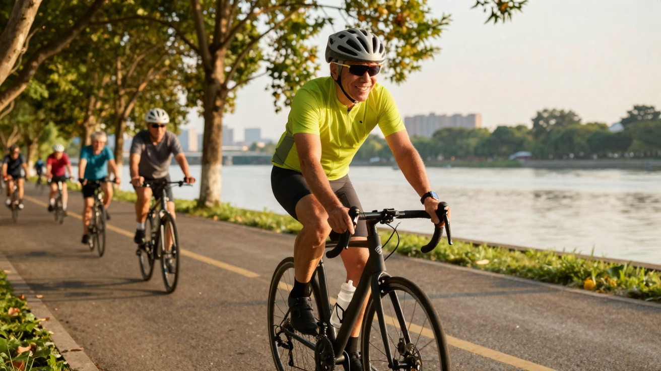 Group of cyclists riding along a river path on a sunny day with trees and city buildings in the background.