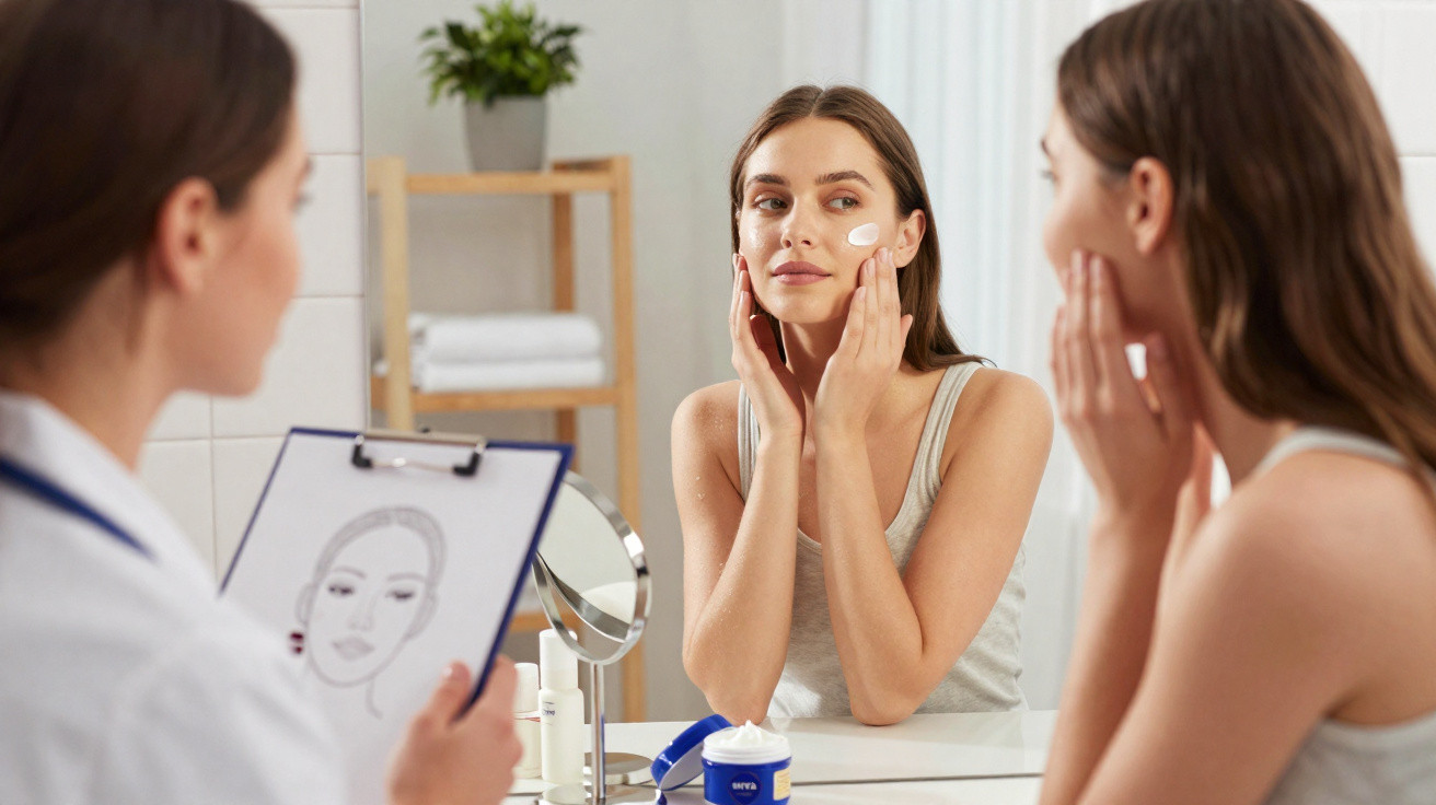 Woman applying face cream in front of mirror while a skincare specialist holds a facial analysis chart nearby.