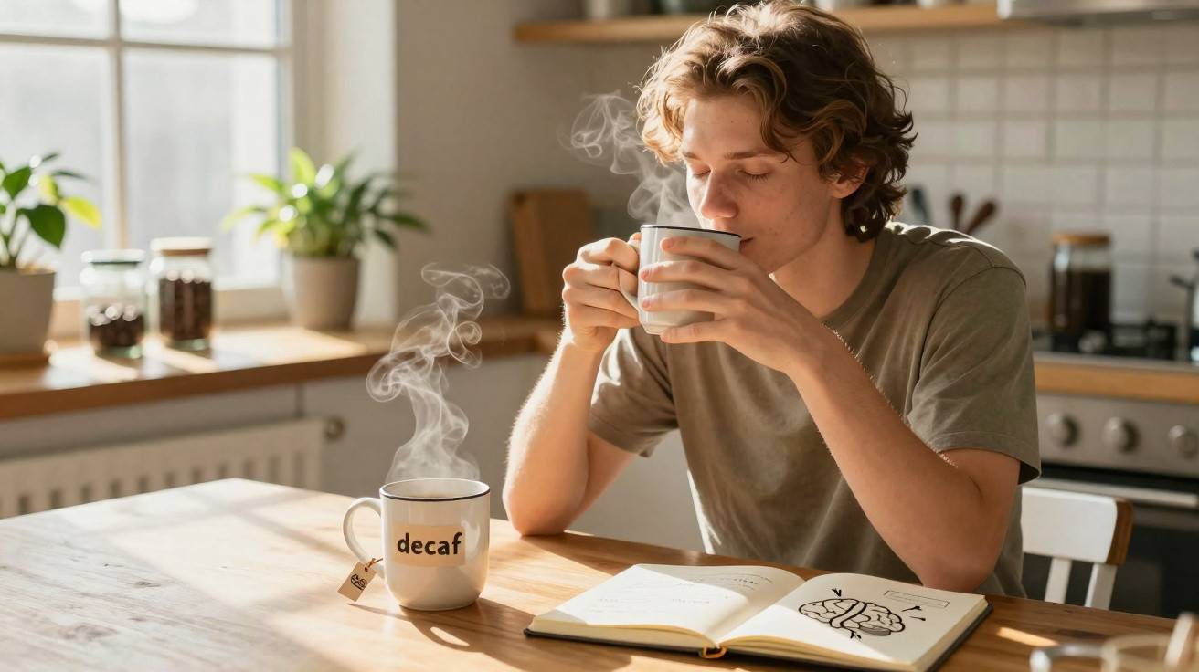 Young man enjoying a hot drink while reading a book with a brain illustration in a sunlit kitchen.