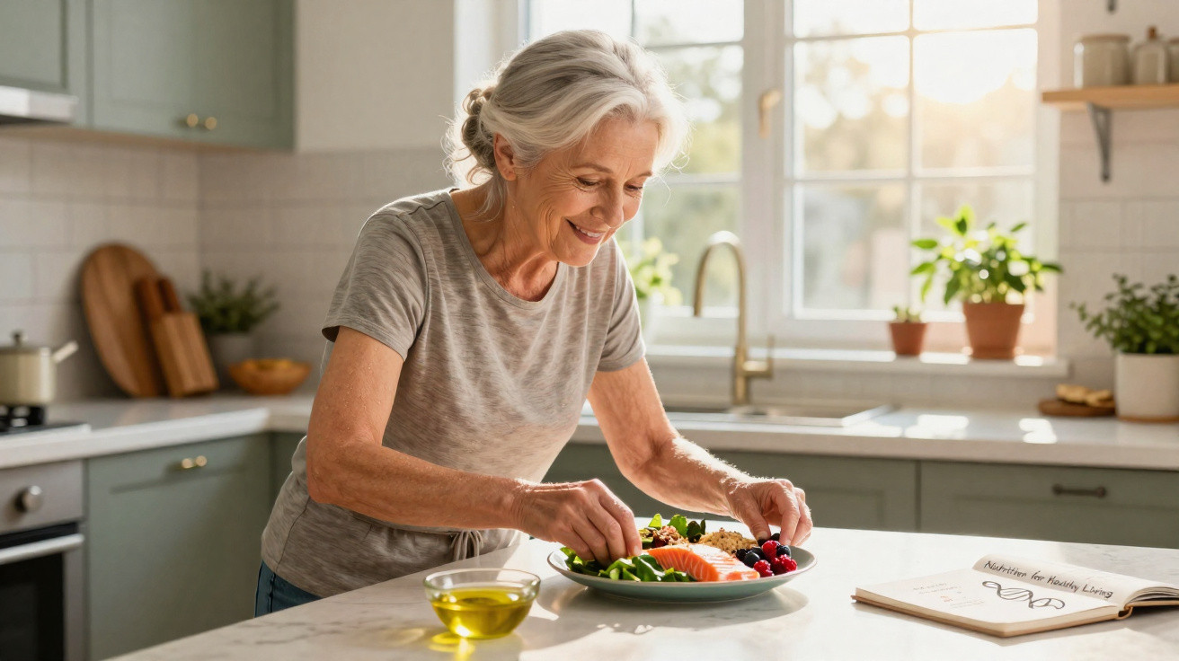 Older woman preparing a healthy meal with vegetables and salmon in a bright kitchen.