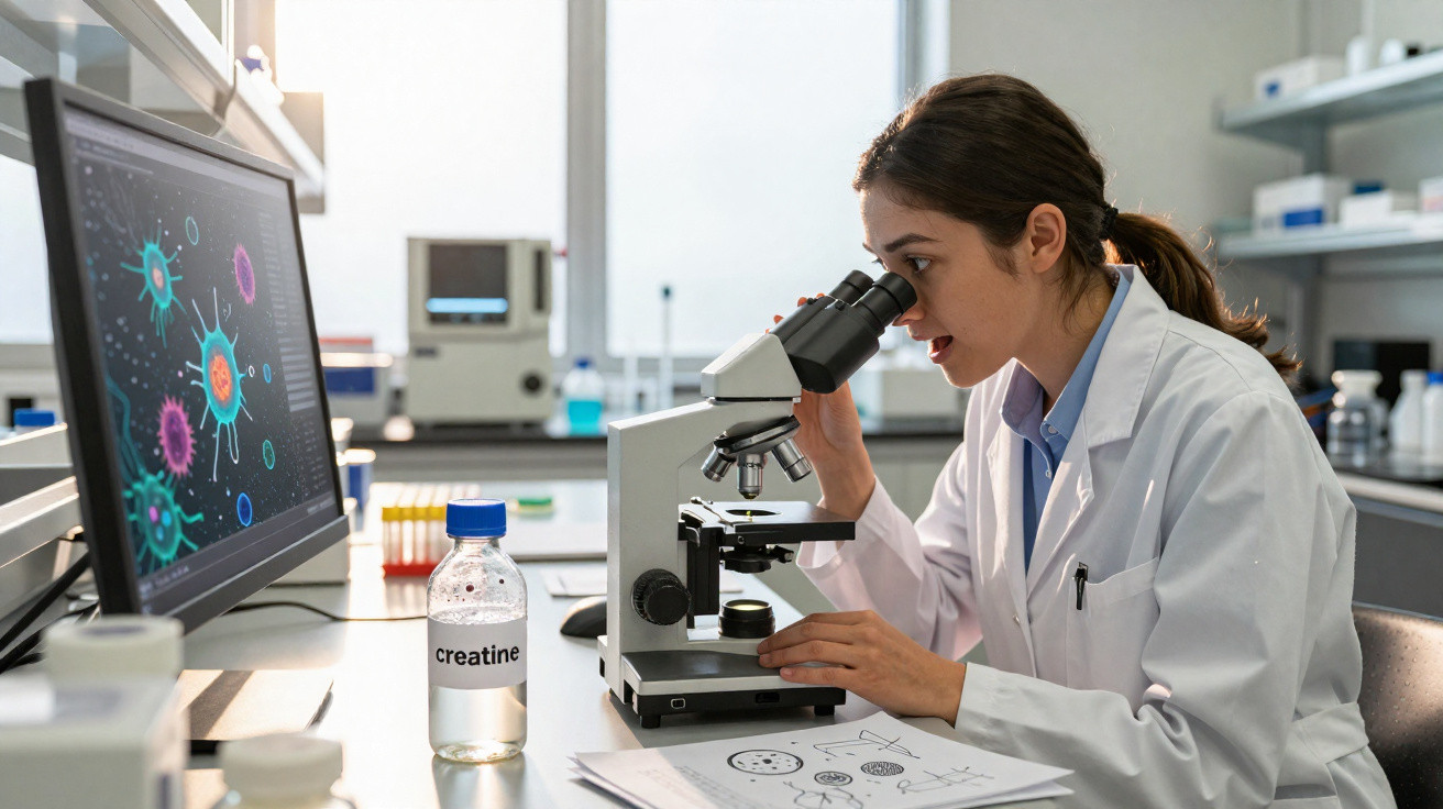 Female scientist in lab coat examining samples through microscope with virus images on computer screen nearby.