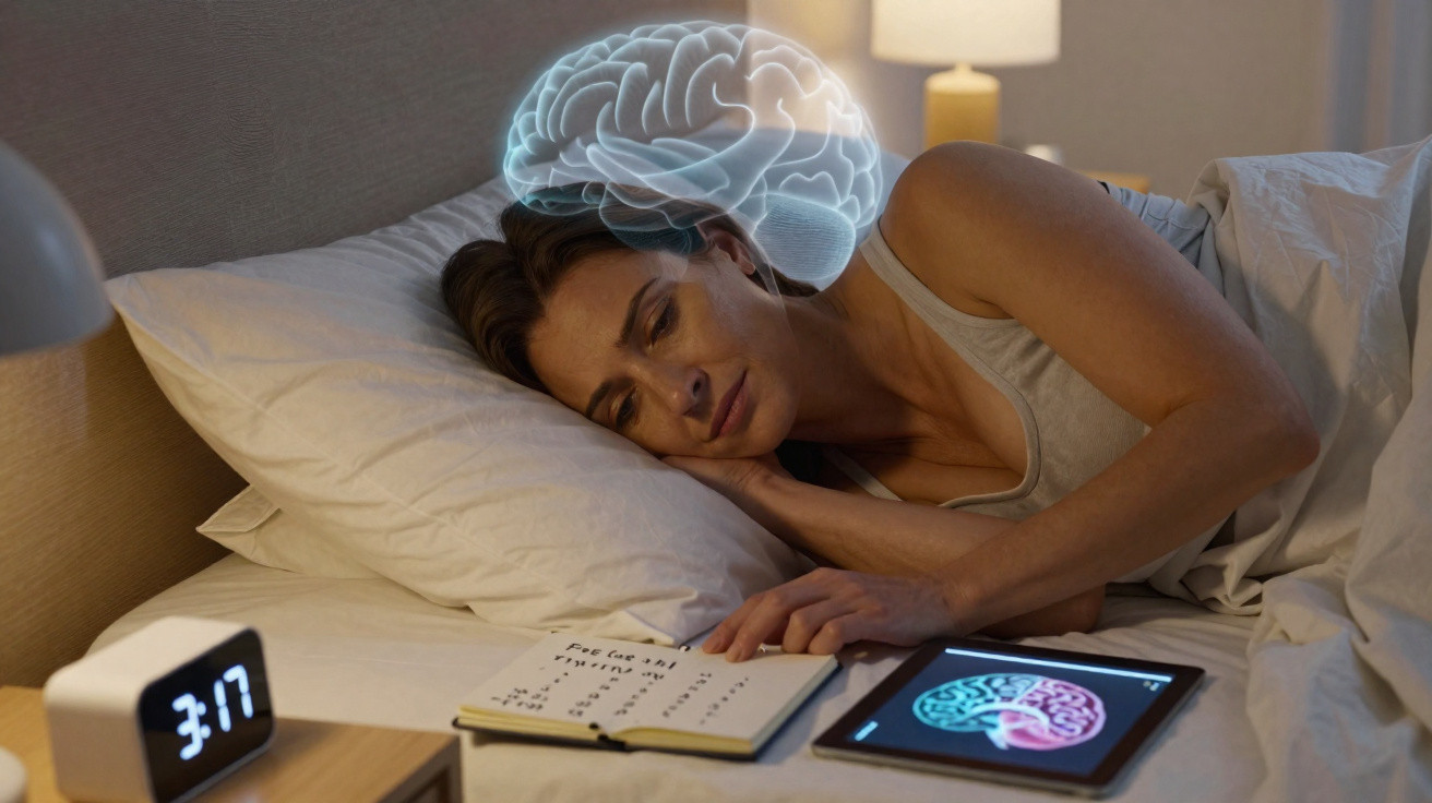 Woman lying in bed with digital brain illustration above her head and brain image on tablet beside her.
