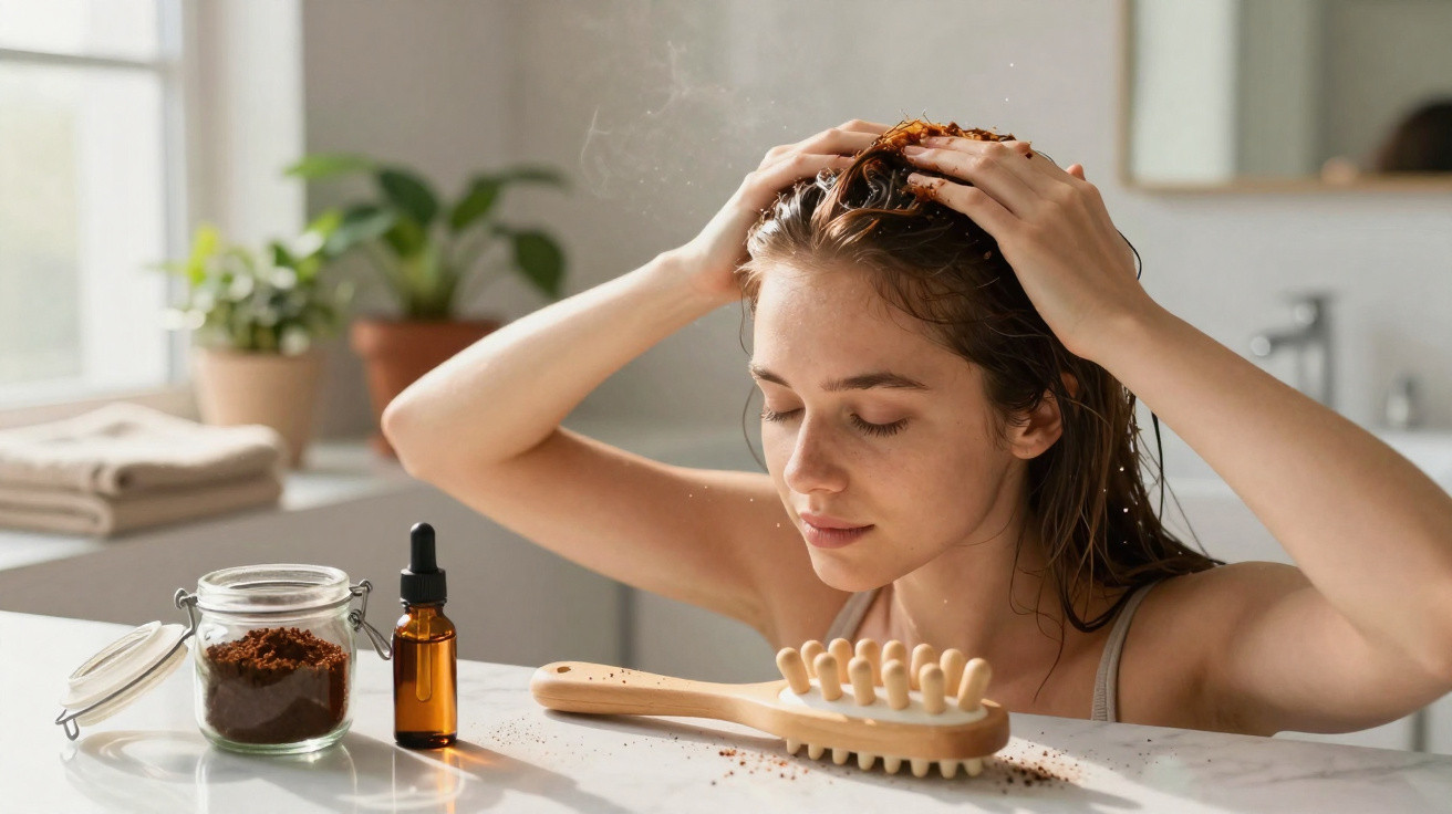 Woman applying natural hair treatment with coffee grounds in bright bathroom with wooden scalp massager and oil bottle nearby