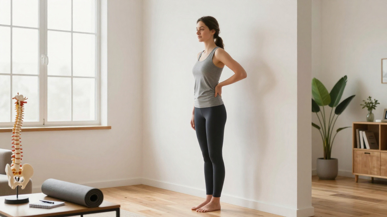 Woman in activewear standing barefoot against wall in bright room with spine model and yoga mat nearby