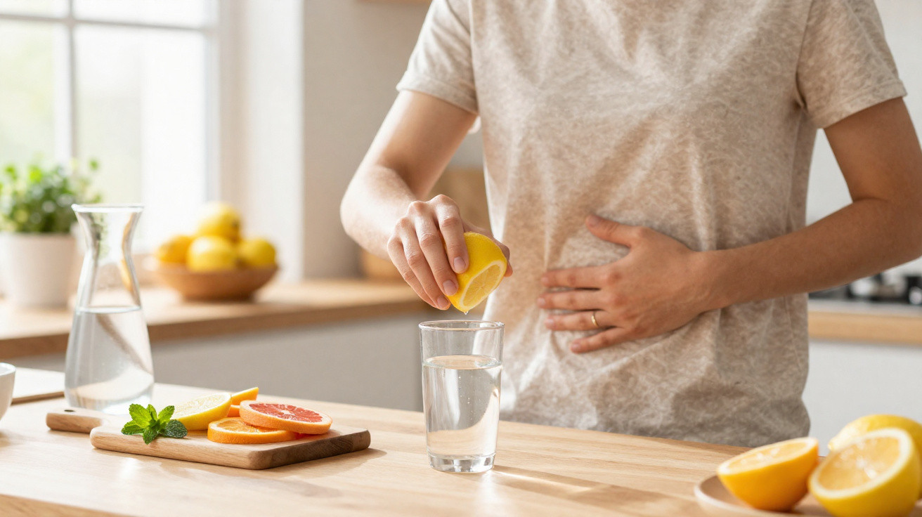 Person squeezing lemon juice into glass of water in bright kitchen setting with fruit on wooden table