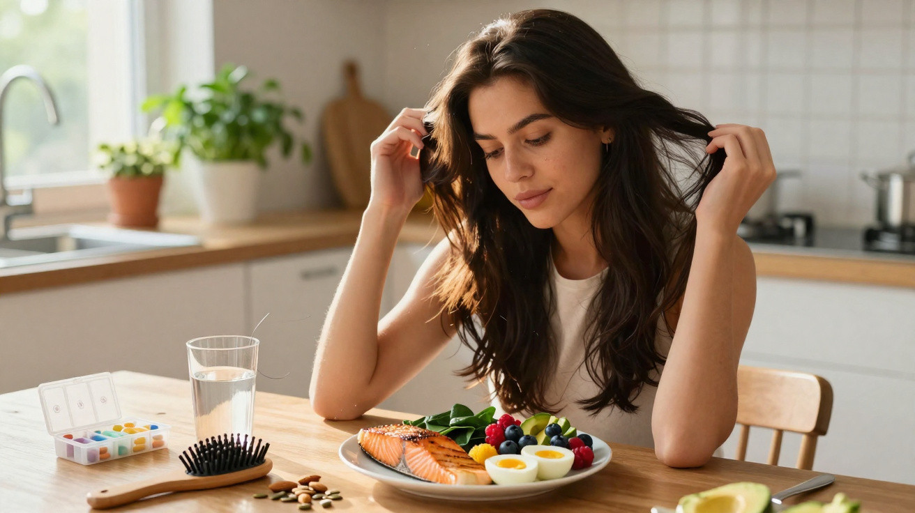 Woman sitting at a kitchen table with a healthy breakfast of salmon, boiled eggs, berries, and greens.