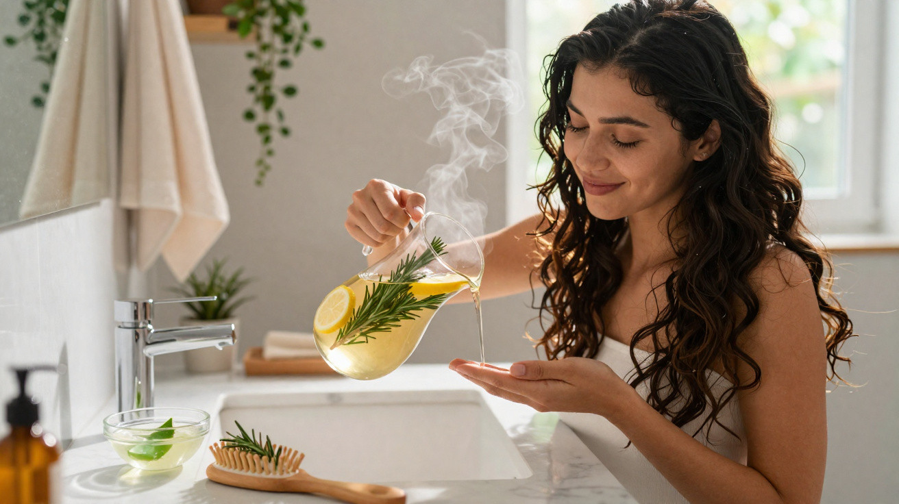 Woman pouring steaming herbal liquid with lemon and rosemary onto her hand over a bathroom sink.