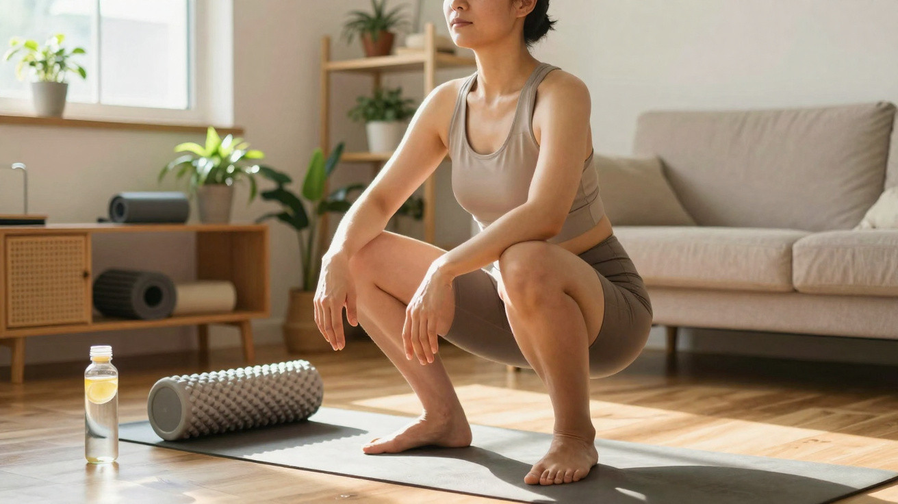 Woman in sportswear squatting on a yoga mat in a sunlit living room with a foam roller and water bottle nearby.