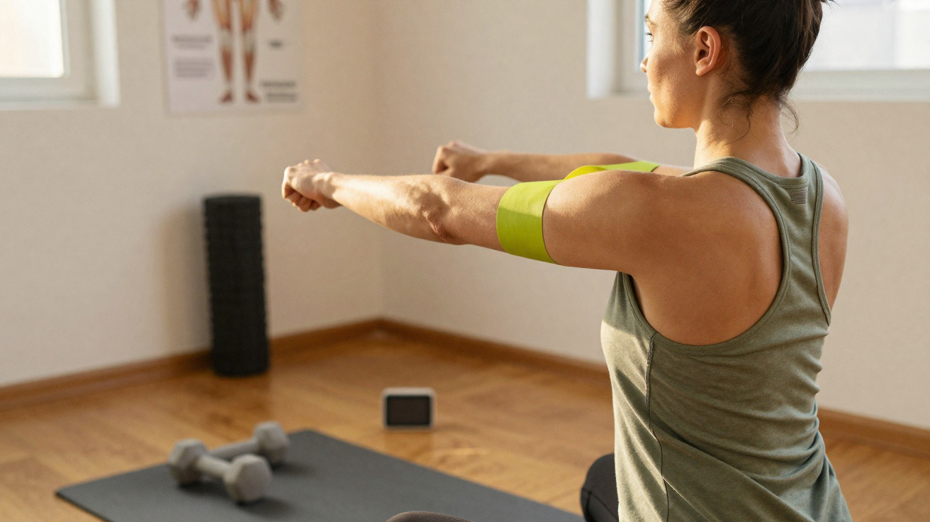 Woman wearing green armband stretching arms forward in a bright room with exercise equipment on wooden floor.