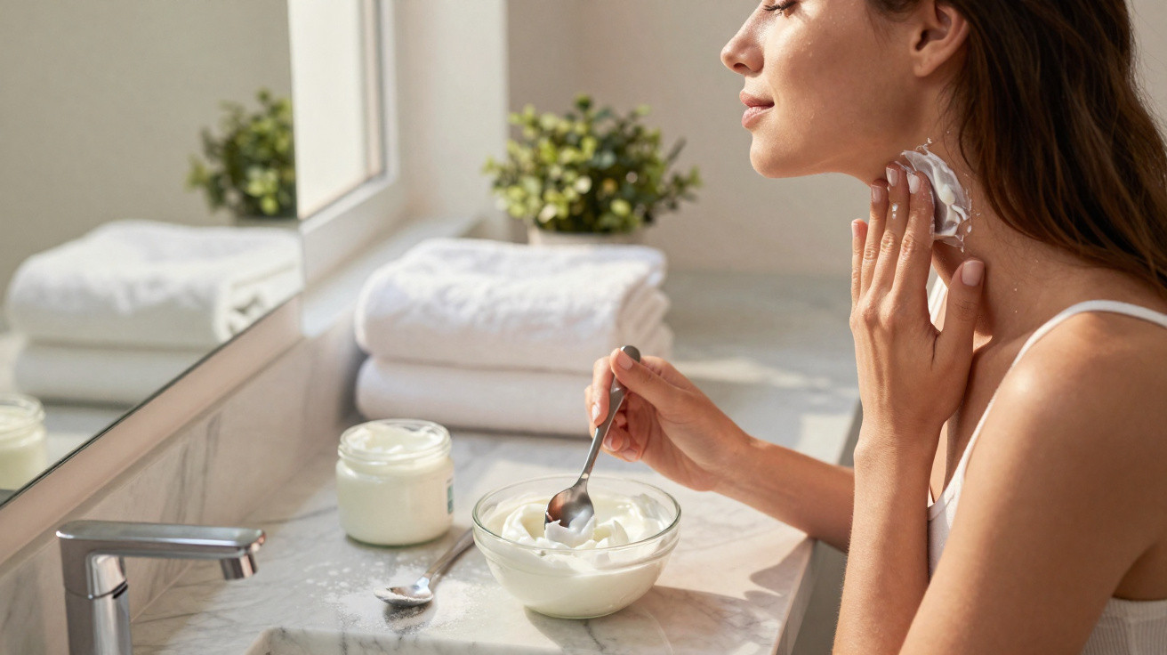 Woman applying cream to her neck while sitting at a marble bathroom sink with towels and plants nearby.