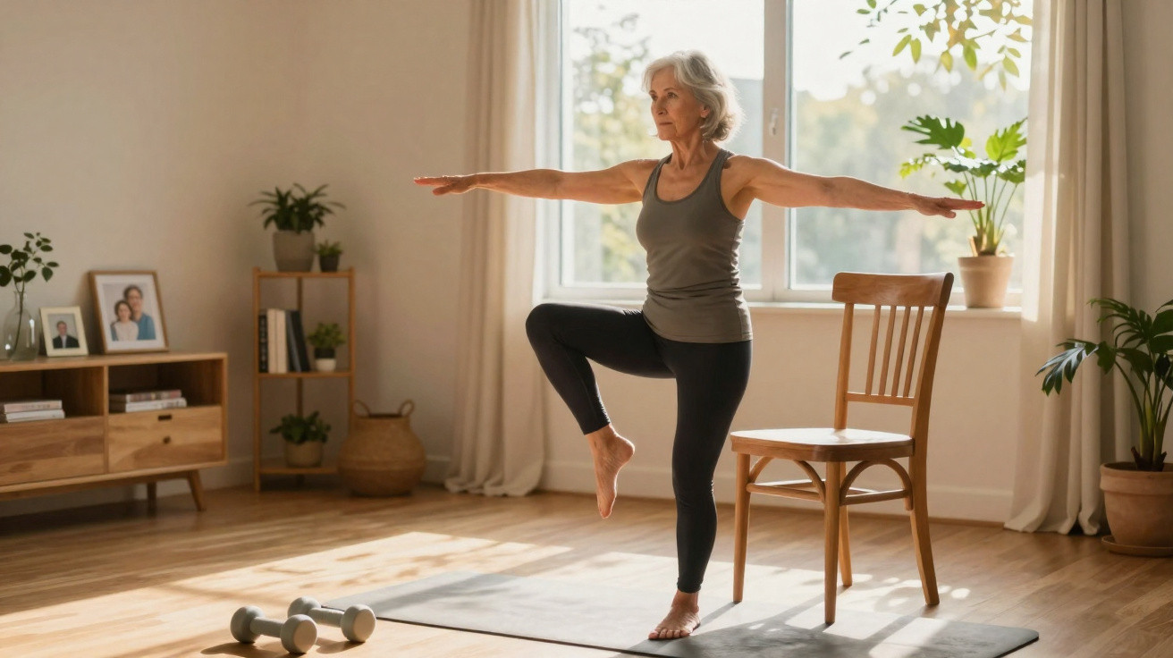 Older woman balancing on one leg with arms outstretched, exercising on a yoga mat in a bright living room.