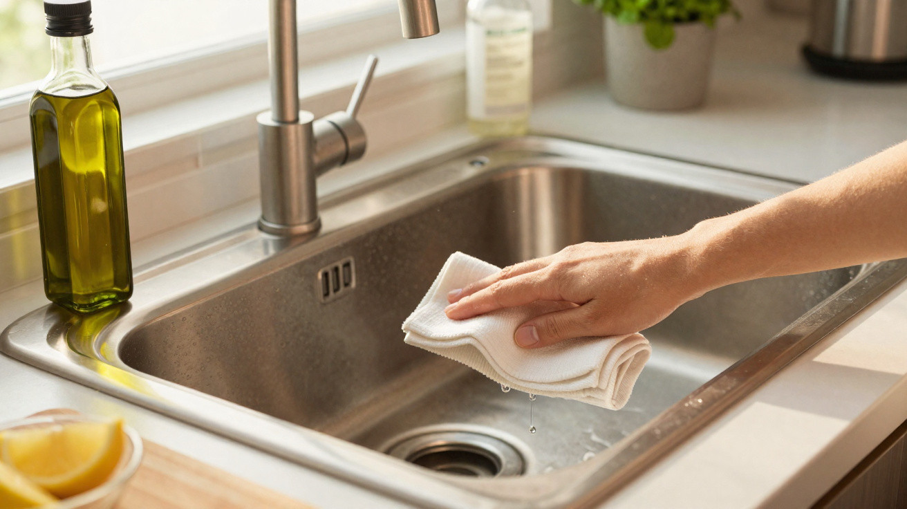 Hand wiping a stainless steel kitchen sink with a white cloth beside a bottle of olive oil and lemon wedges.