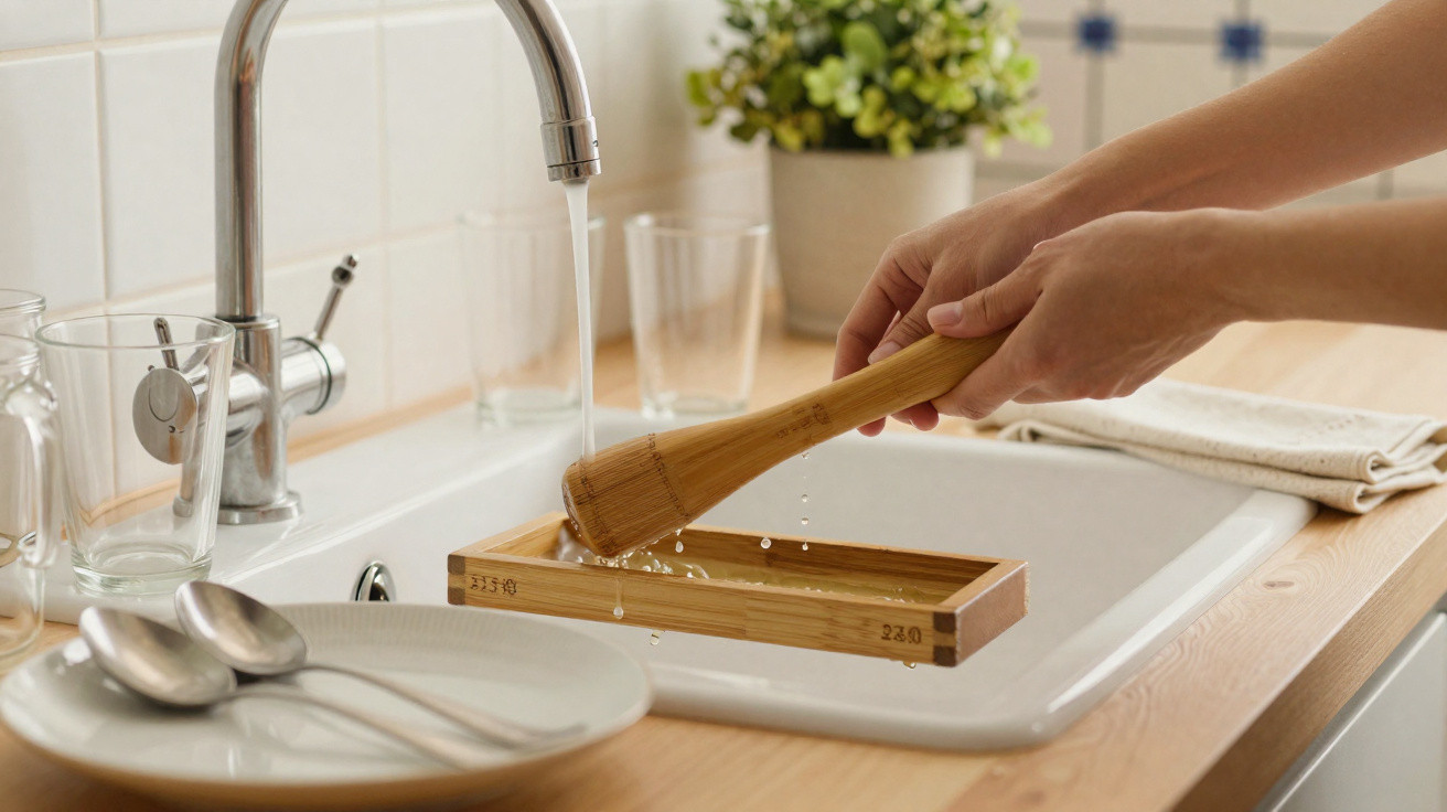 Hands rinsing a bamboo tea whisk under running tap water in a kitchen sink with dishes nearby