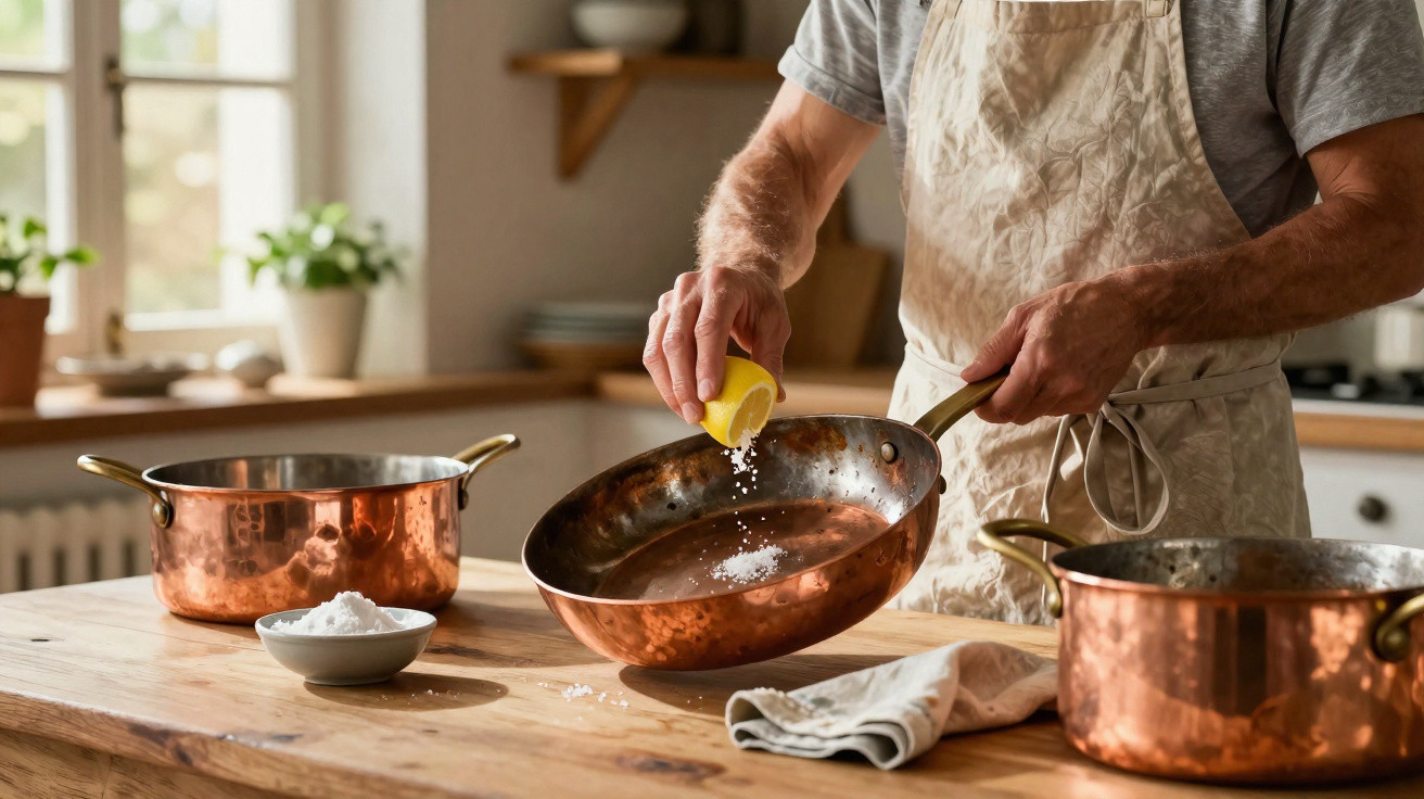 Person sprinkling salt into a copper frying pan in a rustic kitchen with sunlight and plants.