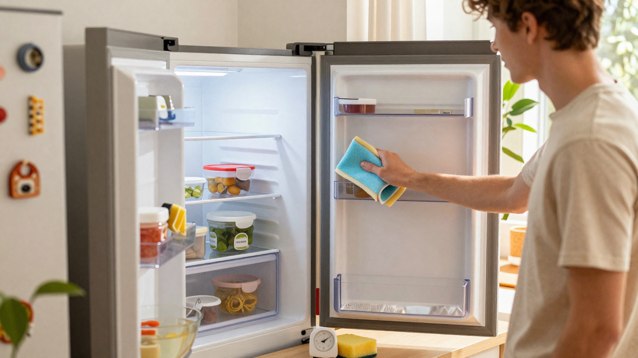 Person cleaning the inside of an open fridge door with a blue and yellow sponge in a bright kitchen.