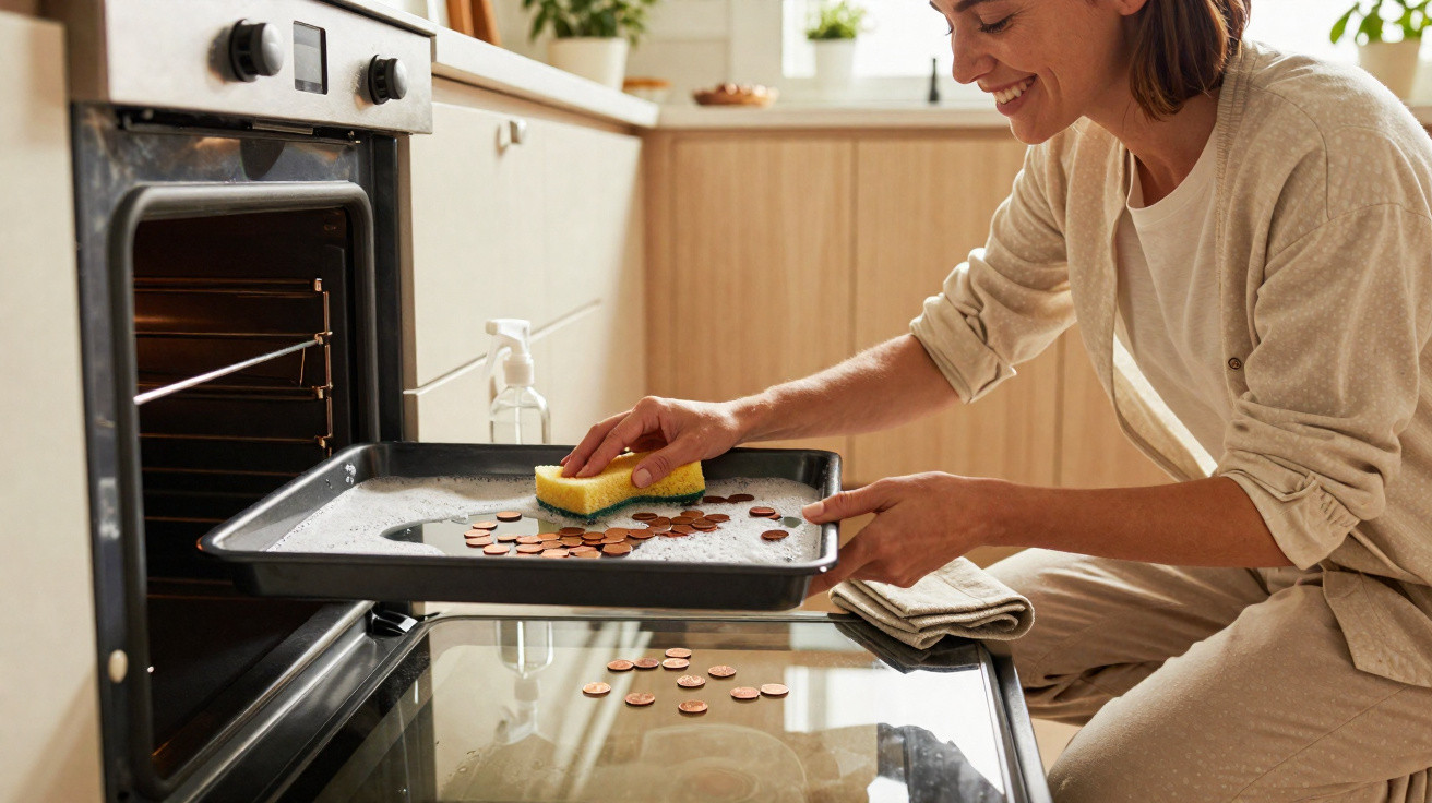 Woman cleaning a baking tray covered with coins using a yellow sponge in a bright kitchen.