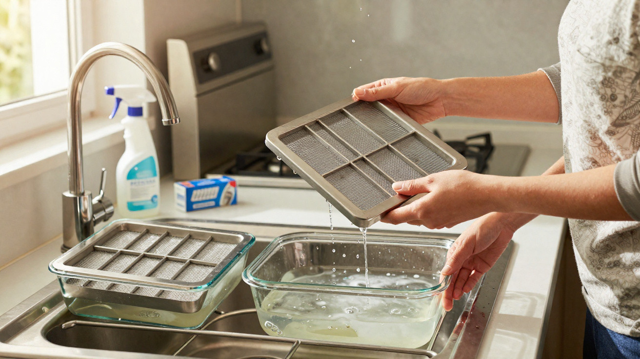 Person rinsing air conditioner filters over a glass dish in a kitchen sink.