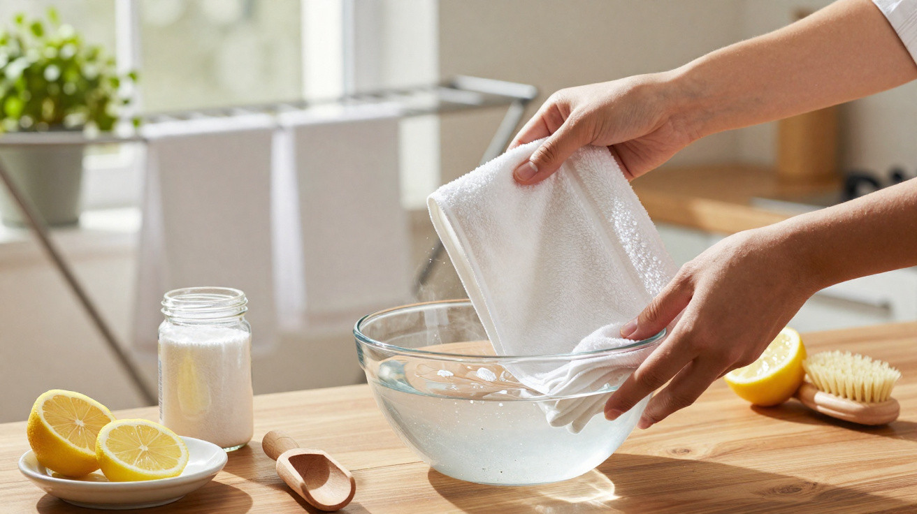 Hands soaking a white cloth in a glass bowl of water on a wooden kitchen table with lemon and scrub brush nearby