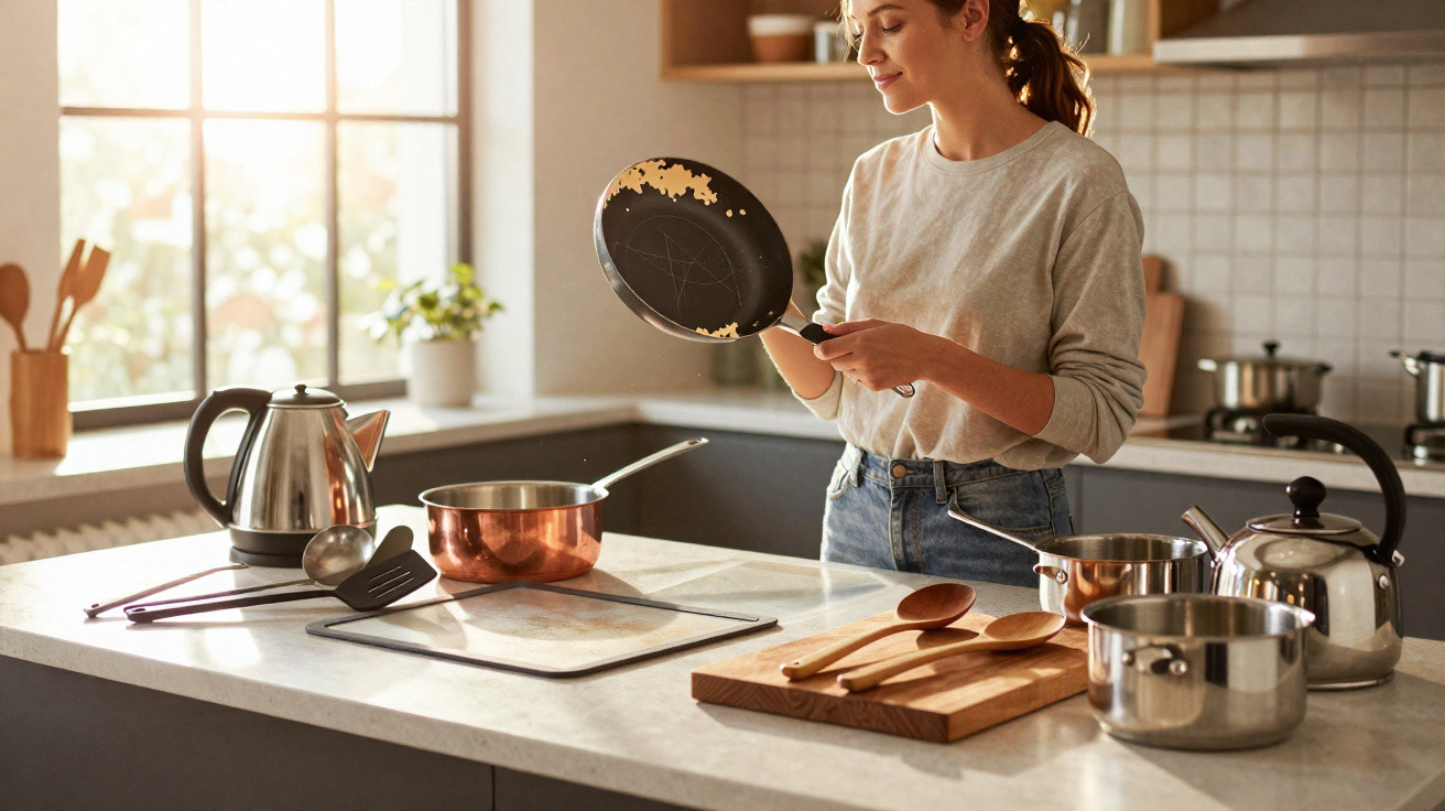 Woman inspecting a burnt frying pan in a modern kitchen with utensils and pots on the counter.
