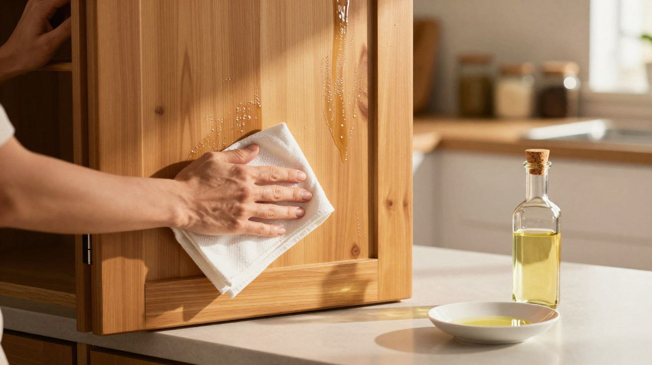 Person wiping oil spill from wooden kitchen cabinet door with white cloth near bottle and dish of olive oil