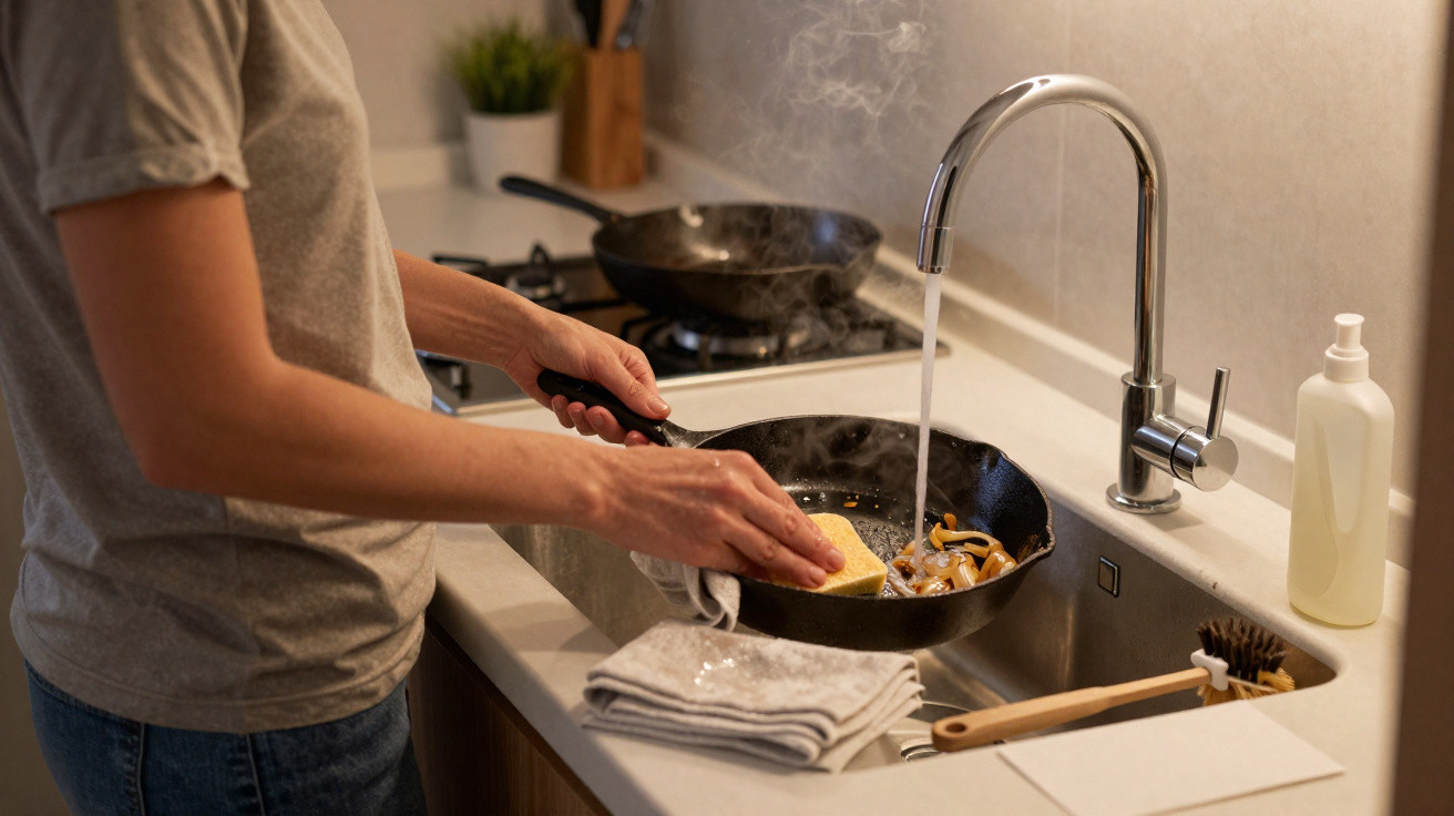 Person washing a frying pan with a sponge at a kitchen sink with water running from the tap.