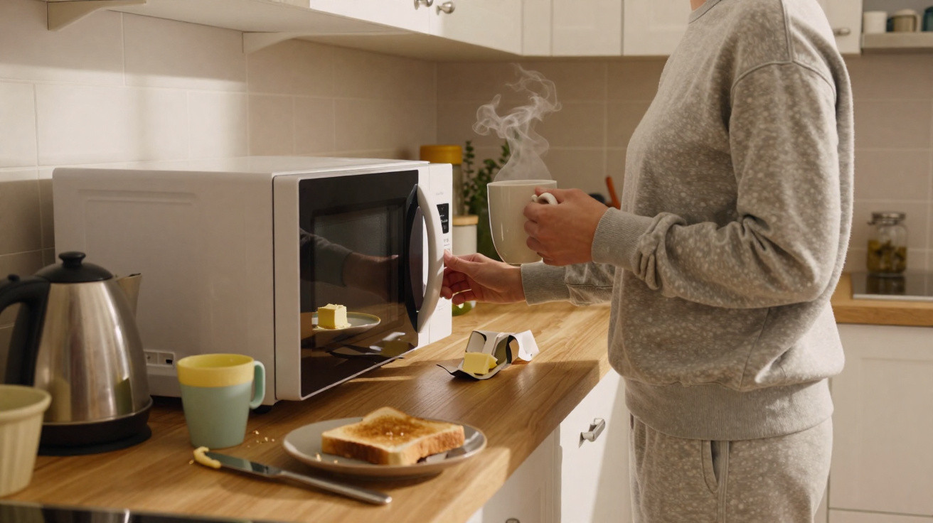 Person in grey tracksuit uses microwave holding a steaming mug next to toast and butter on a wooden kitchen counter.