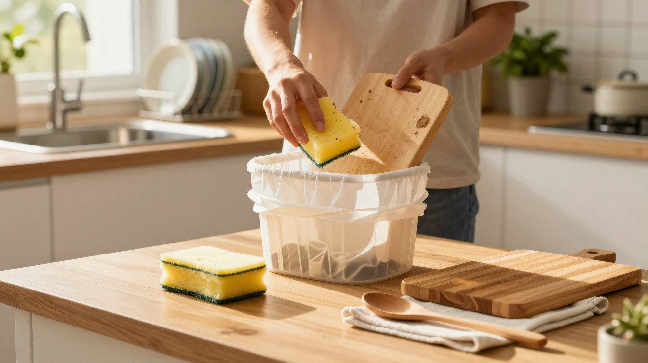 Person scraping food scraps from a wooden board into a compost bin on a kitchen counter.
