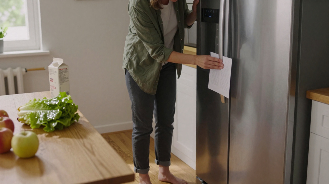 Person attaching a paper to a stainless steel fridge in a bright kitchen with fruit and lettuce on the counter.
