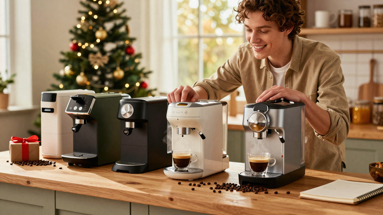 Young man making coffee with various espresso machines on kitchen counter, Christmas tree in background