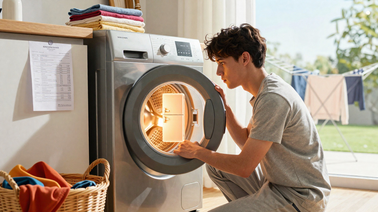 Young man checking inside a front-loading washing machine in a bright laundry room with laundry basket nearby.