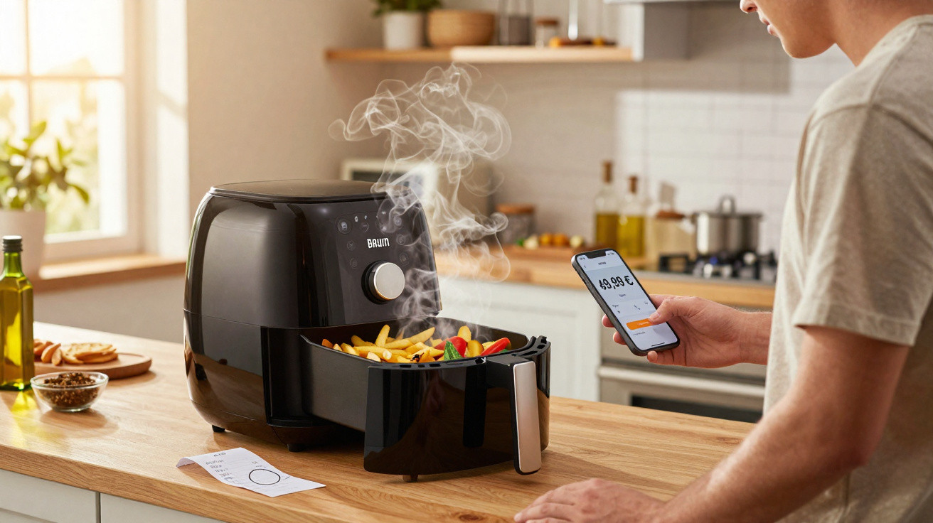 Black Braun air fryer with steaming cooked fries and vegetables on a wooden kitchen countertop, man holding smartphone.
