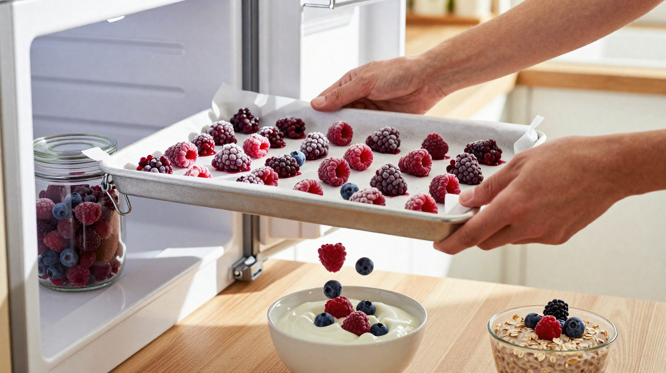 Hands placing a tray of frozen berries into a freezer with a bowl of yogurt and porridge topped with berries on a wooden tabl