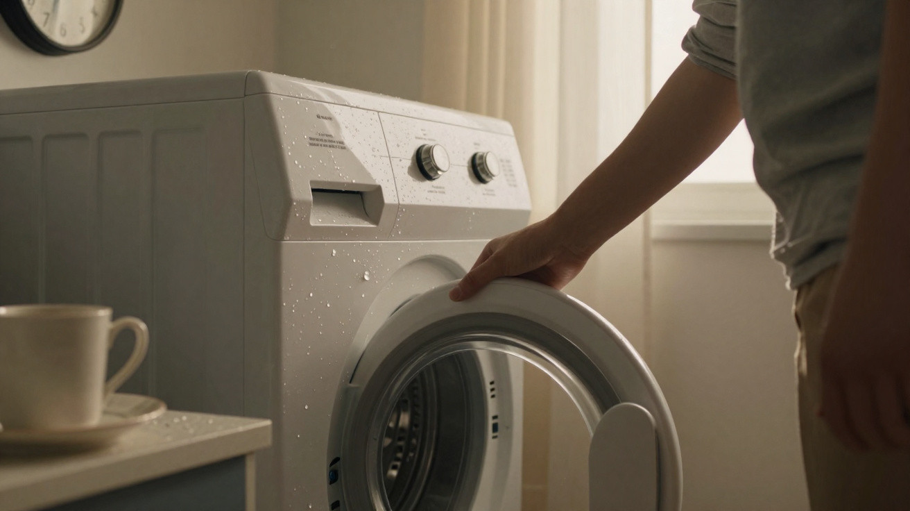 Person opening front-loading washing machine door in a softly lit laundry room with water droplets on the machine.
