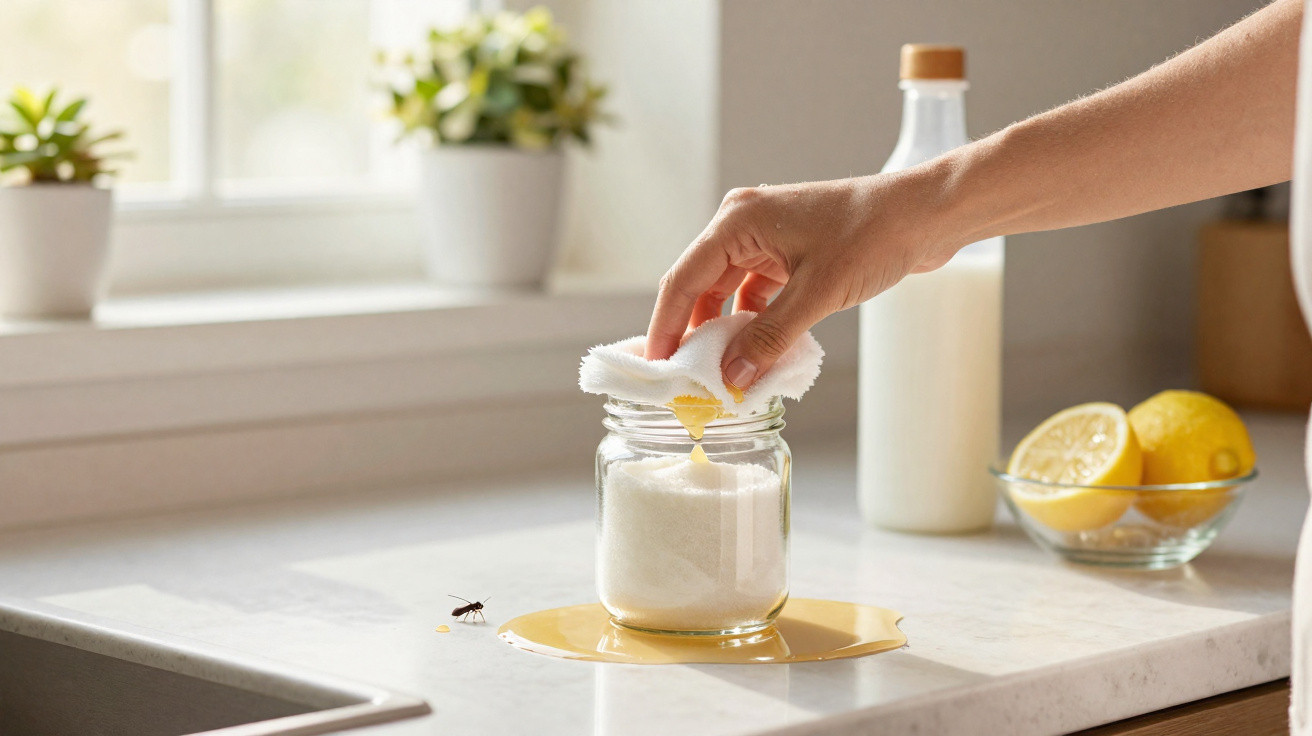 Hand wiping honey spill from a jar on a kitchen counter with a fly nearby and lemons in the background.