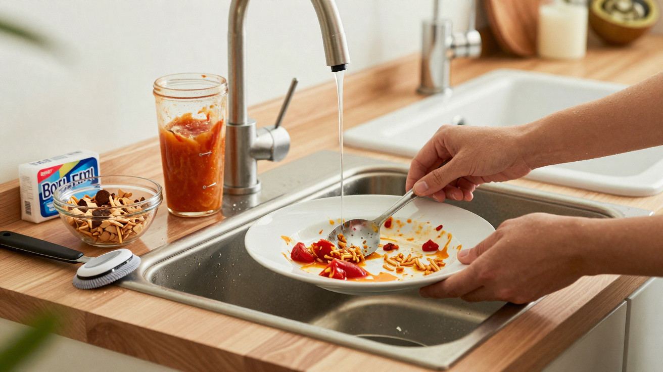 Person scraping food scraps from a plate into a kitchen sink with running water.