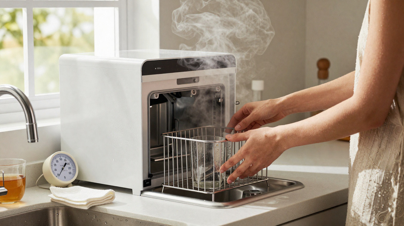Person removing steaming basket from countertop steam oven in bright kitchen near sink and window