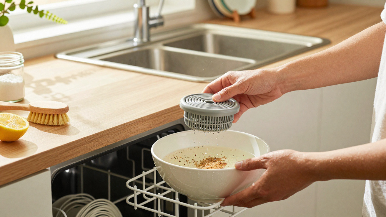 Person adding dishwasher cleaner tablet into a white bowl over an open dishwasher in a kitchen.