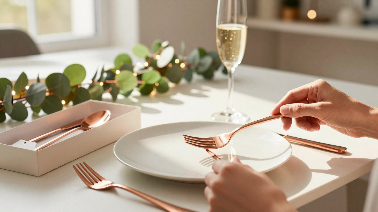 Hands holding a rose gold fork above a white plate on a table set with matching cutlery and a glass of sparkling wine.