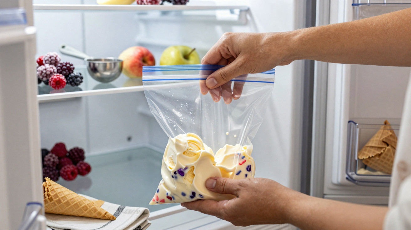 Hands holding a plastic bag with ice cream scoops inside, near an open fridge with fruits and ice cream cones.