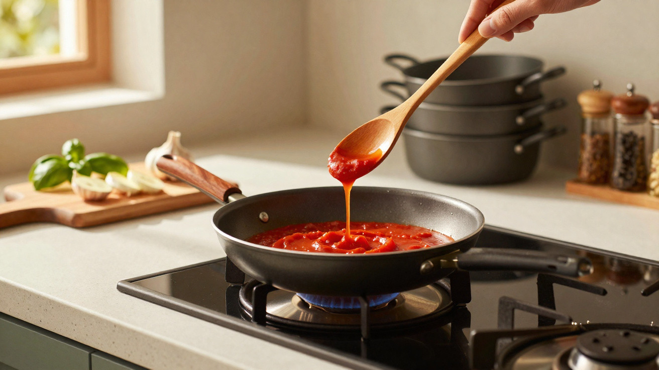Hand stirring tomato sauce in a frying pan on a gas stove with fresh ingredients on the counter.