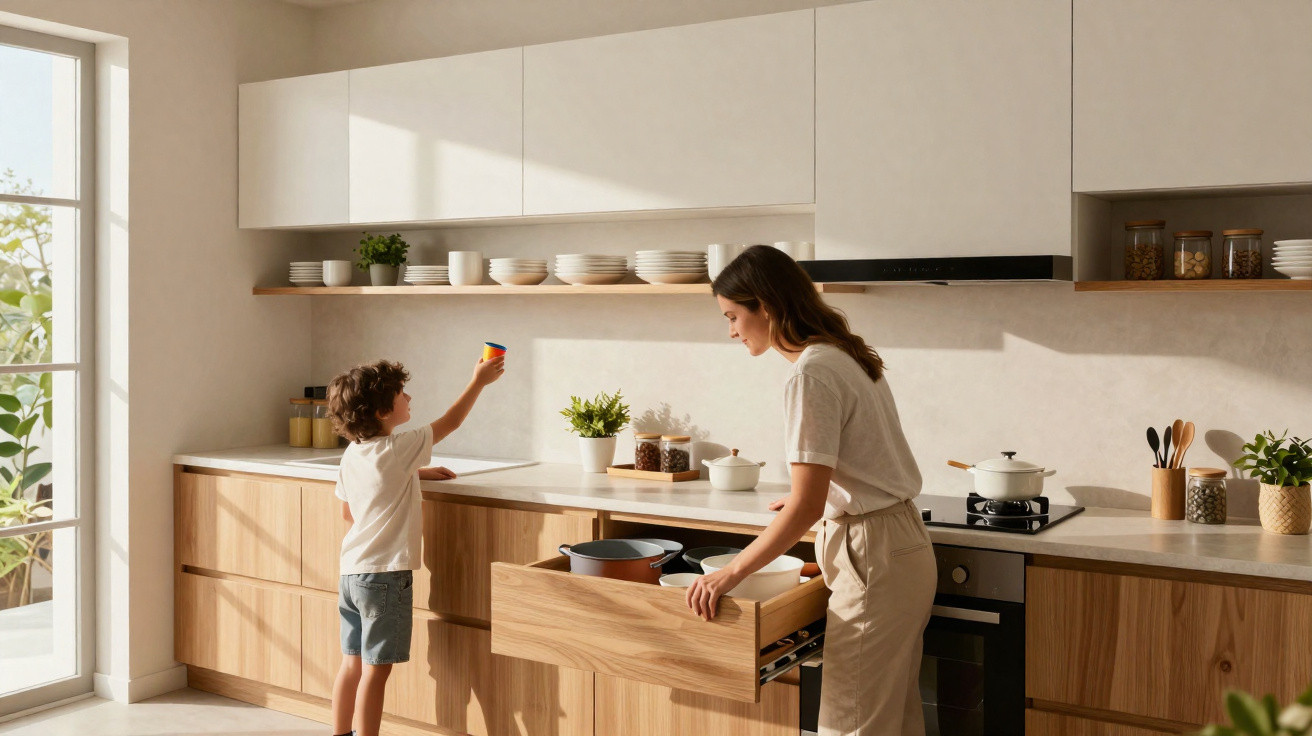 Woman opens kitchen drawer while child holds a colourful cup in a bright modern kitchen with wooden cabinets.