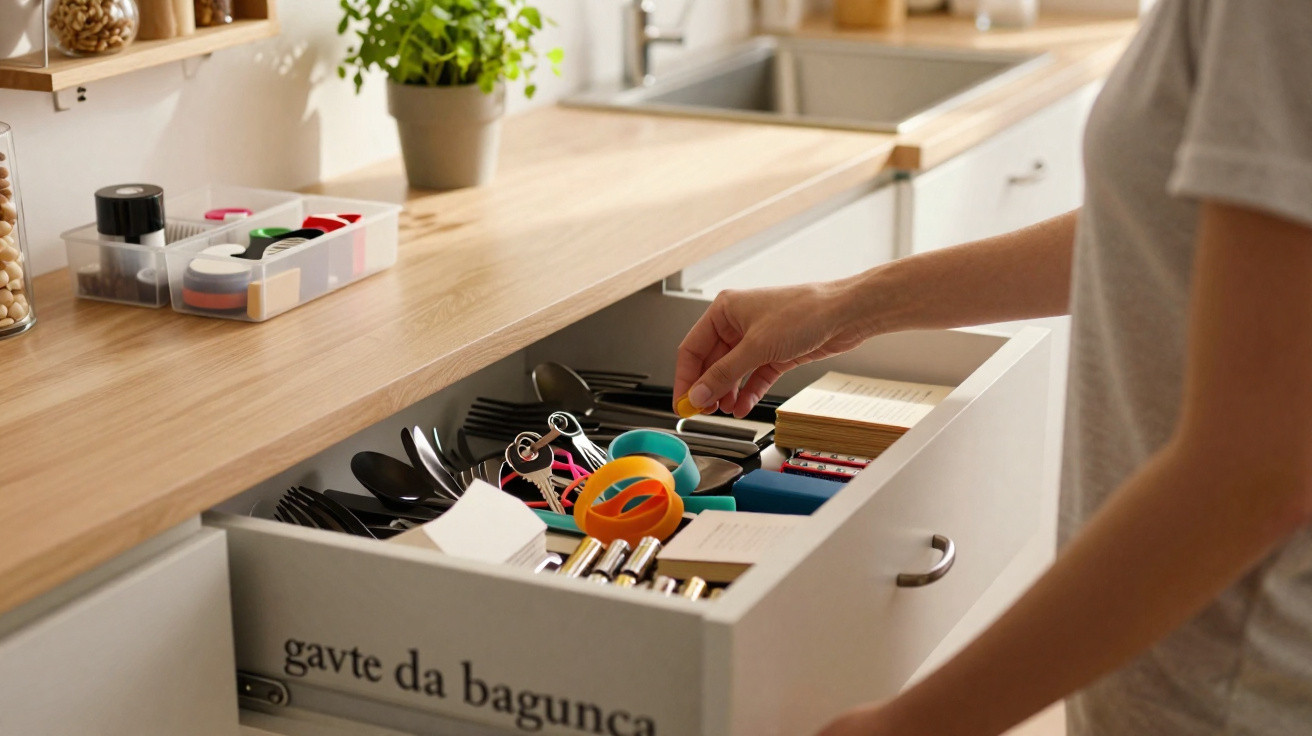 Open kitchen drawer filled with utensils, stationery, and small household items, hand reaching inside.