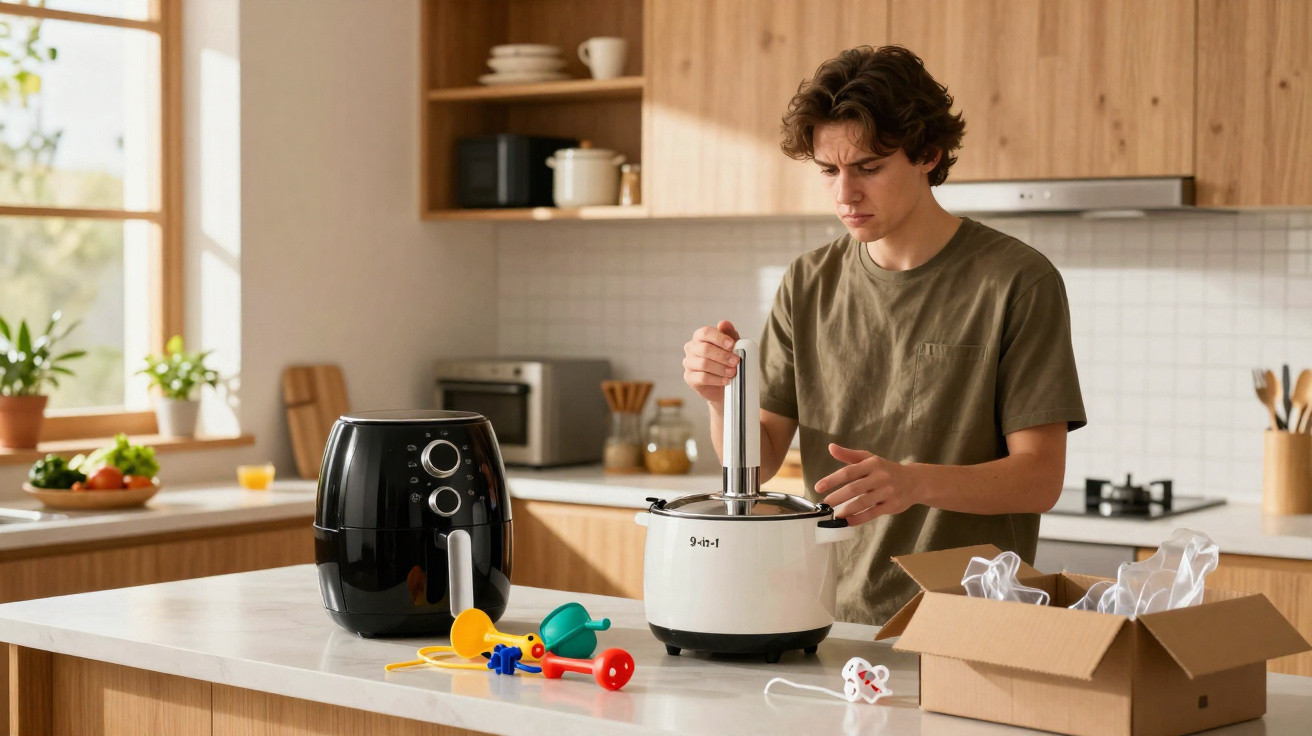 Young man assembling a kitchen appliance on a countertop with tools and box nearby in a modern kitchen.