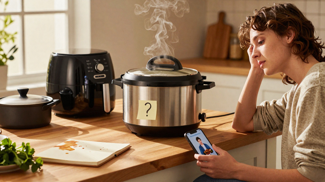 Woman looking thoughtfully at a steaming slow cooker with a question mark sticker in a bright kitchen.