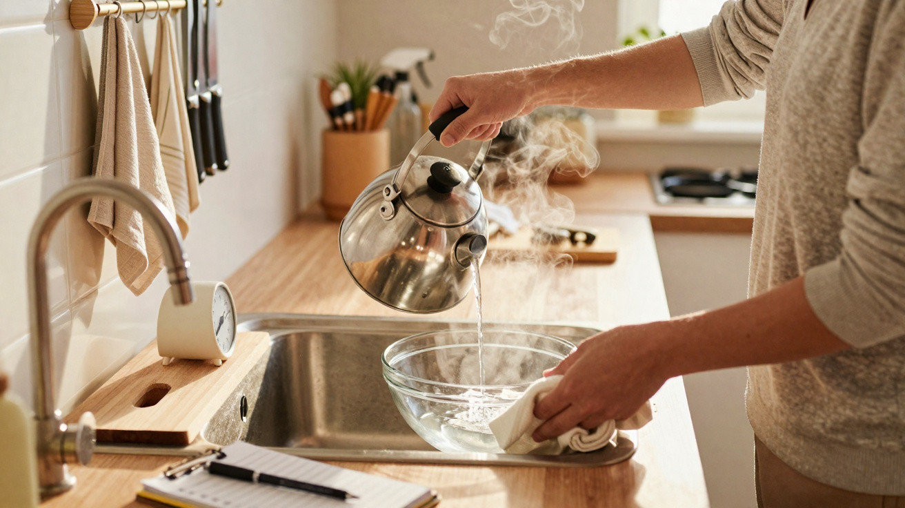 Person pouring steaming hot water from kettle into a glass bowl in a kitchen sink.