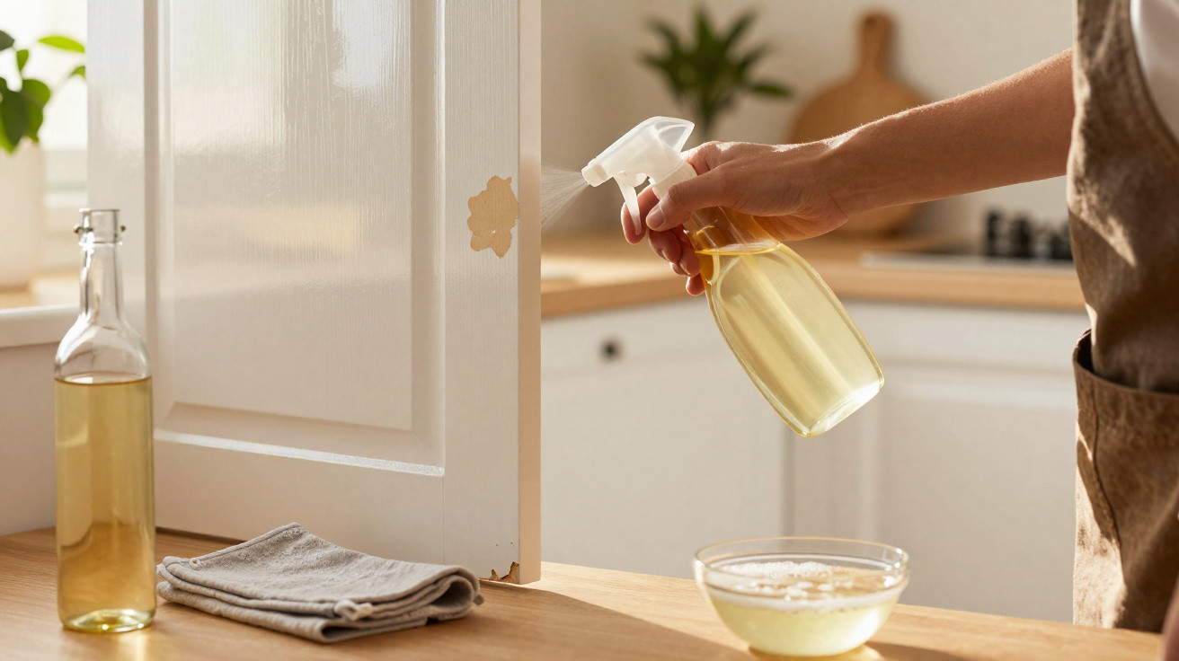 Person spraying liquid cleaner onto a kitchen cabinet door with a cloth and bowl nearby on the counter
