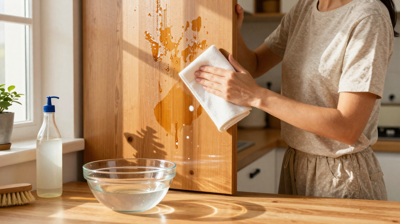 Person wiping spilled liquid from a wooden cupboard door in a sunlit kitchen.