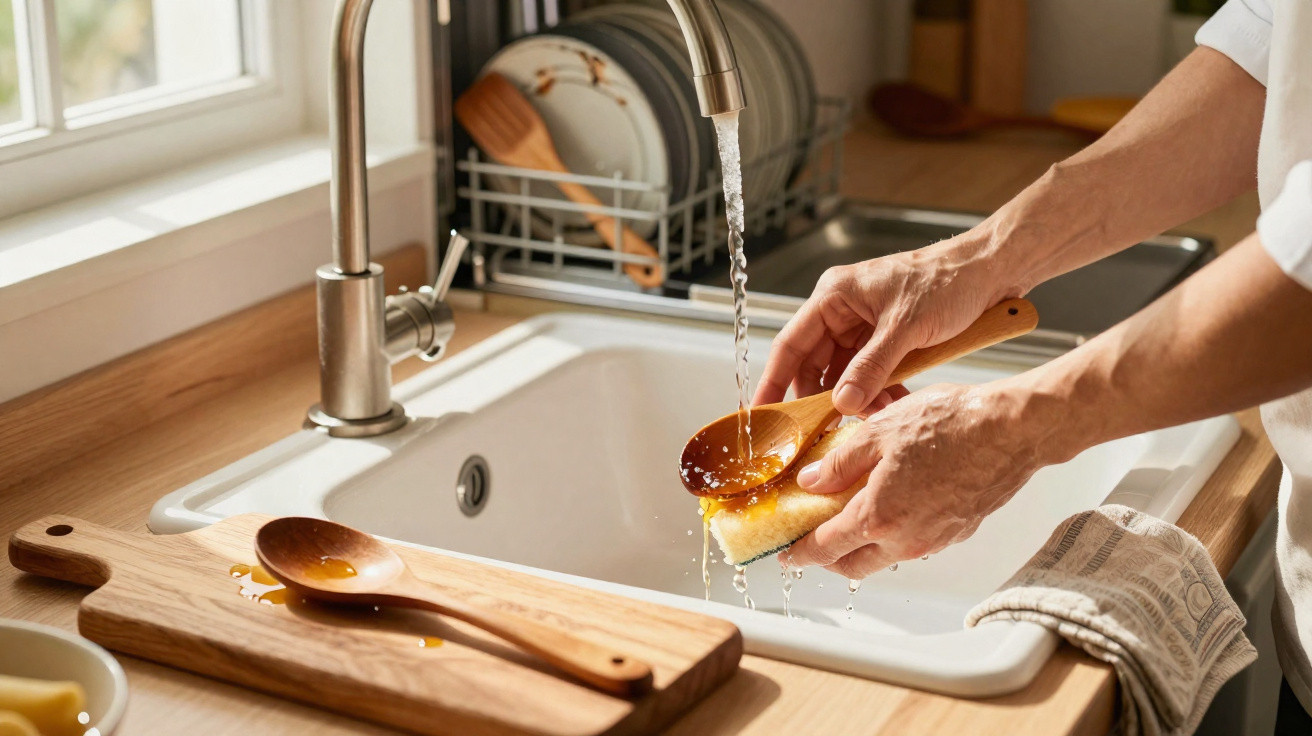 Person washing a wooden spoon with a sponge under running water at a kitchen sink with dishes drying nearby.