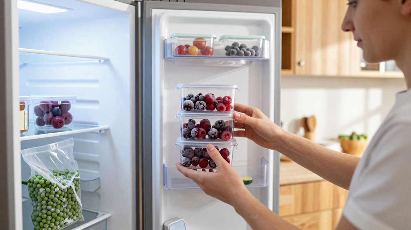 Person organising frozen berries in plastic containers inside a fridge door with other frozen fruits and peas.